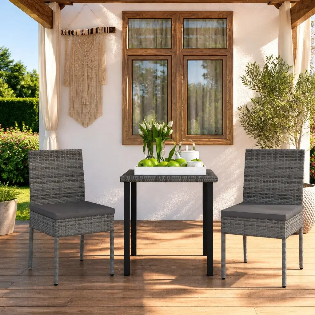 3 Piece Garden Dining Set Steel Frame Table Chairs Grey Rattan