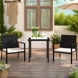 3 Piece Garden Dining Set Outdoor Patio Table Chairs Black Poly Rattan