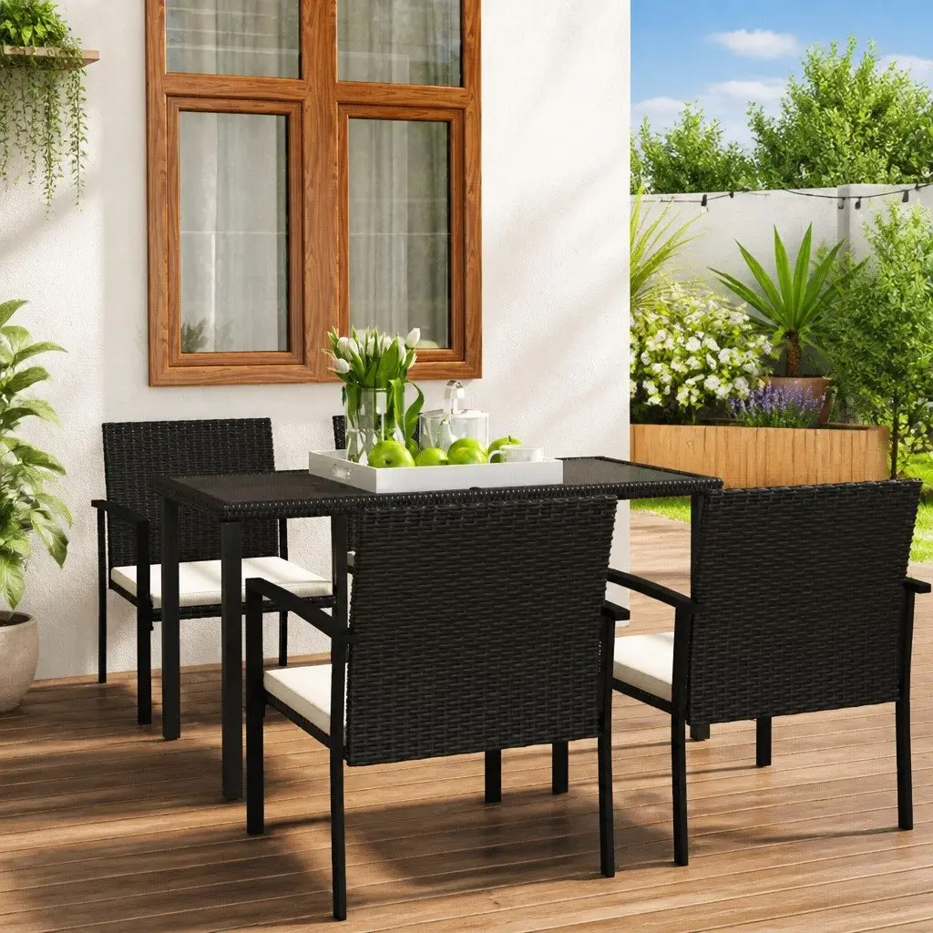 5 Piece Outdoor Garden Dining Set Black Poly Rattan Table Chairs Patio Furniture