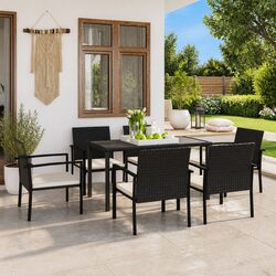 7 Piece Outdoor Dining Set Black Poly Rattan Garden Patio Furniture Table Chairs