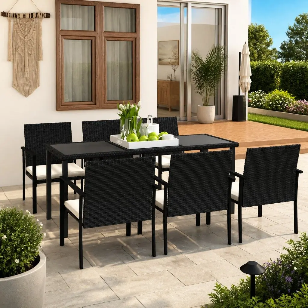 7 Piece Outdoor Garden Dining Set Patio Table Chairs Black Rattan Furniture