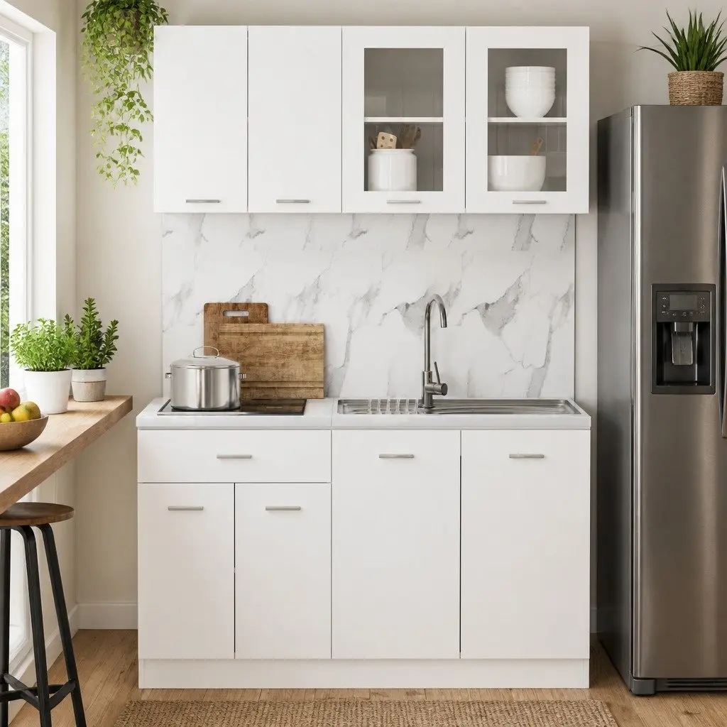 4 Piece Kitchen Cabinet Set White Storage Cupboards Engineered Wood Furniture