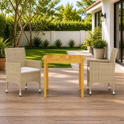 Garden Dining Set 3 Piece Outdoor Furniture Beige Acacia Wood Rattan Chairs