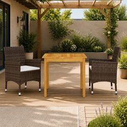 Garden Dining Set 3 Piece Outdoor Table Chairs Brown Acacia Wood Rattan