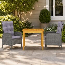 Garden Dining Set 3 Piece Outdoor Table Chairs Grey Acacia Wood Rattan