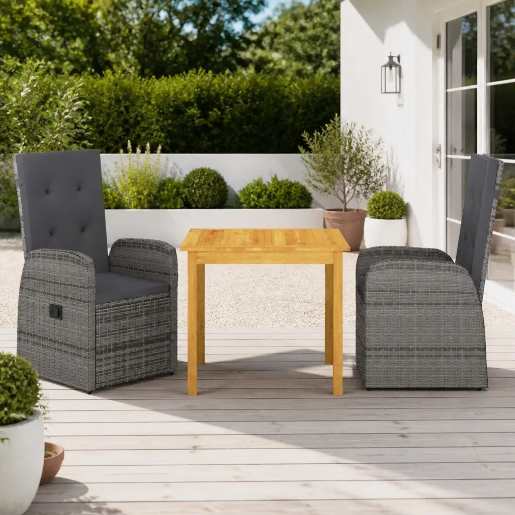 Garden Dining Set 3 Piece Outdoor Table Chairs Rattan Grey