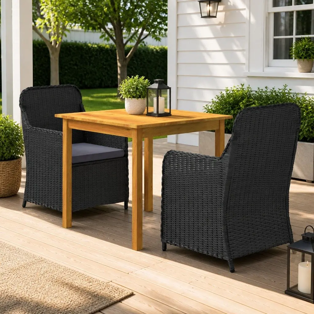 Garden Dining Set 3 Piece Outdoor Table and Chairs Black Acacia Wood and Rattan