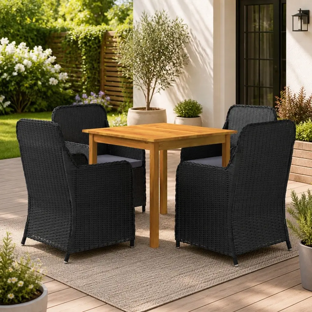5 Piece Garden Dining Set Black Outdoor Furniture Table Chairs with Cushions