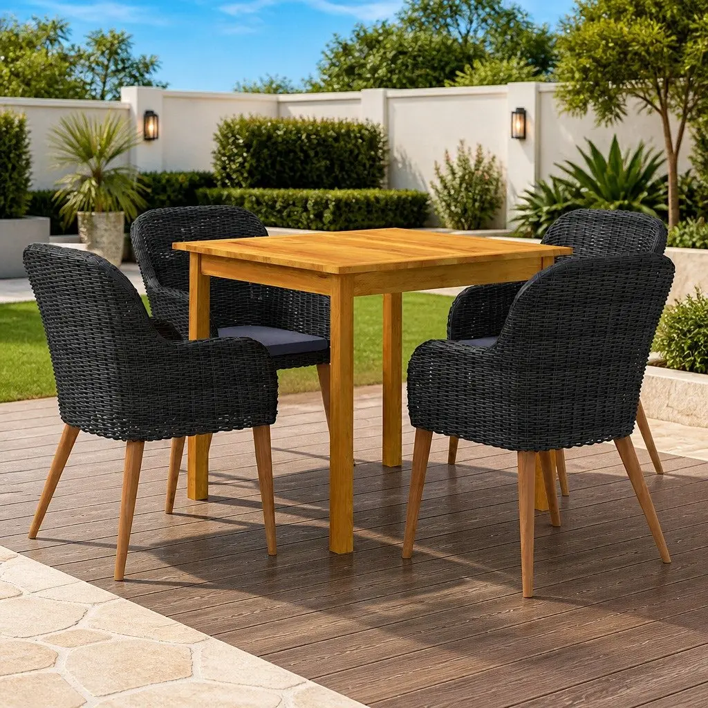 5 Piece Garden Dining Set Black Outdoor Furniture Acacia Wood Table Steel Frame Chairs PE Rattan