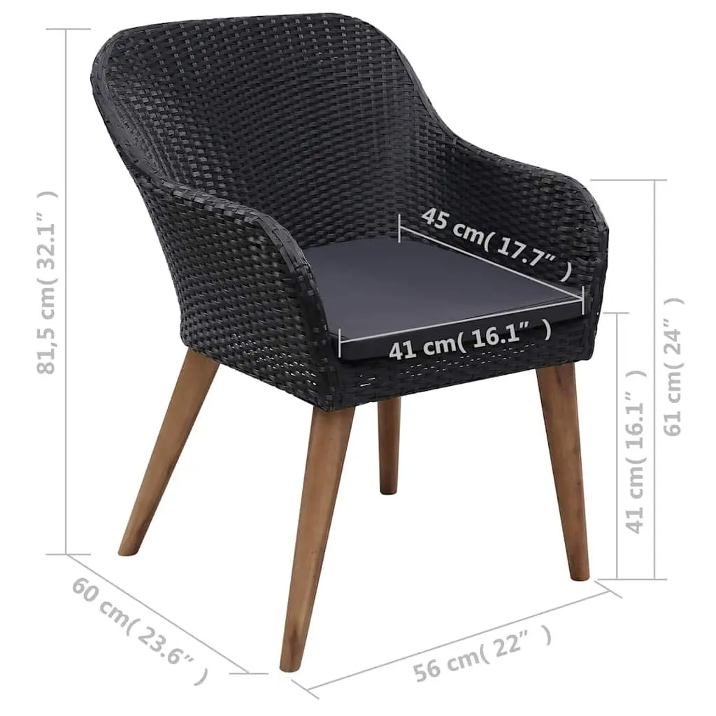 5 Piece Garden Dining Set Black Outdoor Furniture Acacia Wood Table Steel Frame Chairs PE Rattan