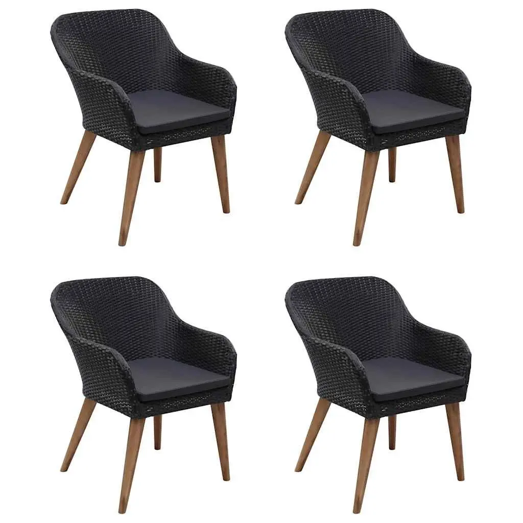 5 Piece Garden Dining Set Black Outdoor Furniture Acacia Wood Table Steel Frame Chairs PE Rattan