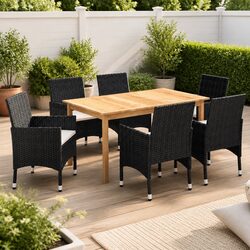 7 Piece Outdoor Garden Dining Set Black Acacia Wood Table Rattan Chairs Cushions