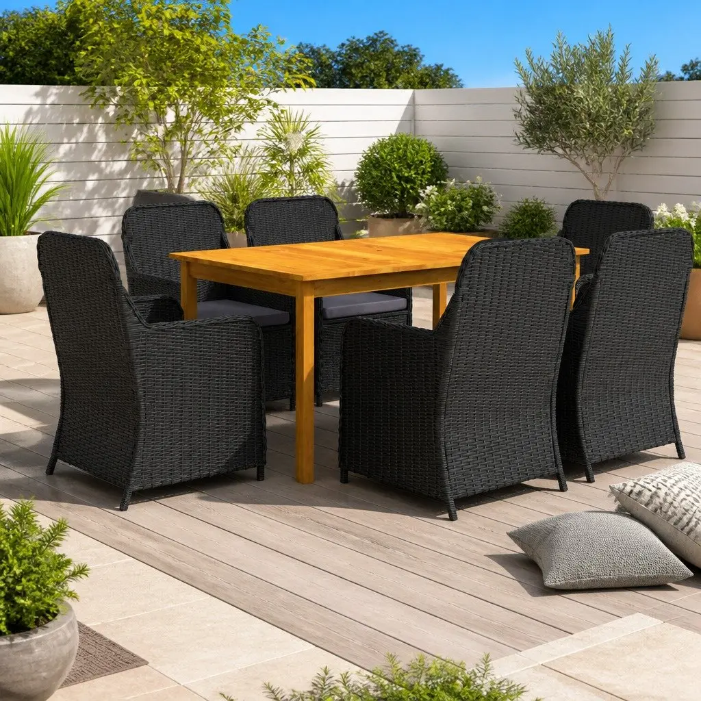 7 Piece Garden Dining Set Acacia Wood Table Steel Frame Black Outdoor Furniture