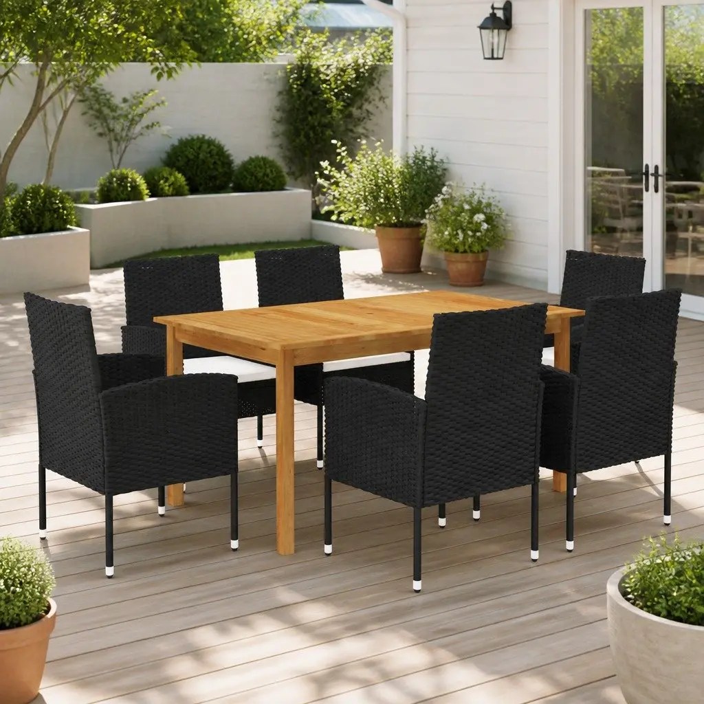 7 Piece Garden Dining Set Outdoor Table Chairs Acacia Wood Rattan Steel Frame Black
