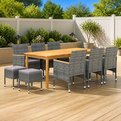 Garden Dining Set 11 Piece Outdoor Table Chairs Stools Grey Acacia Wood Rattan