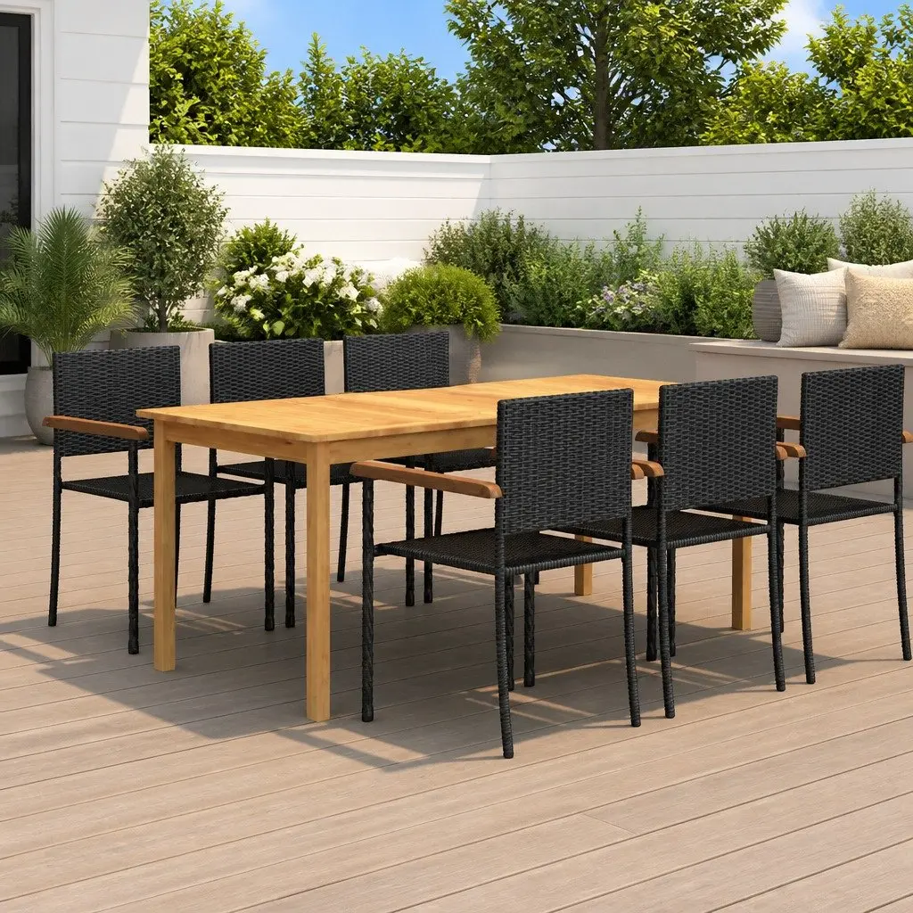 Garden Dining Set 7 Piece Outdoor Table Chairs Black Acacia Wood Steel Rattan