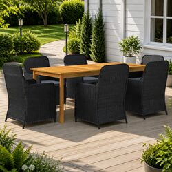 7 Piece Garden Dining Set Outdoor Table Chairs Black Acacia Wood PE Rattan