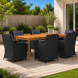 7 Piece Outdoor Garden Dining Set Black Acacia Wood Table Rattan Chairs