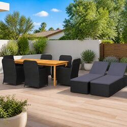 9 Piece Outdoor Garden Dining Set Black Acacia Wood Steel Rattan Chairs Table