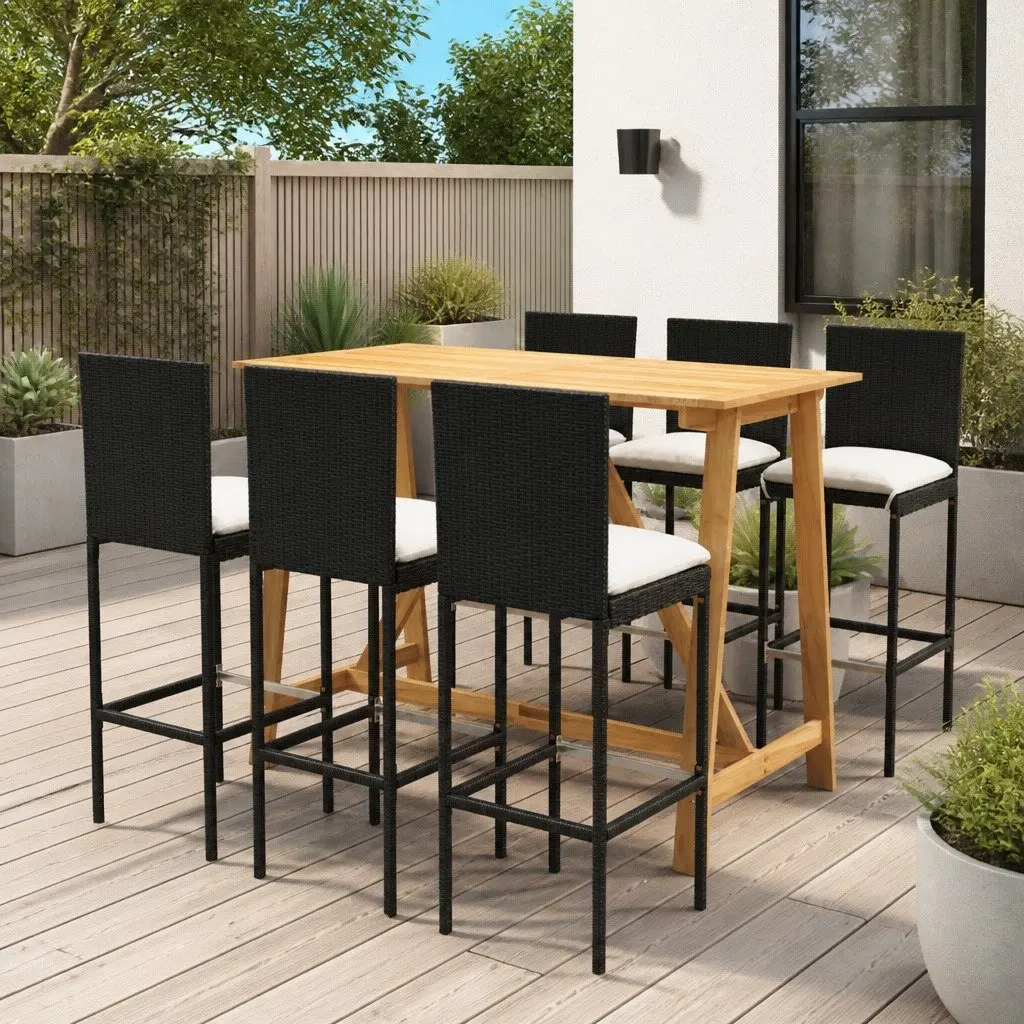 Garden Bar Set 7 Piece Outdoor Patio Furniture Black with Removable Cushions
