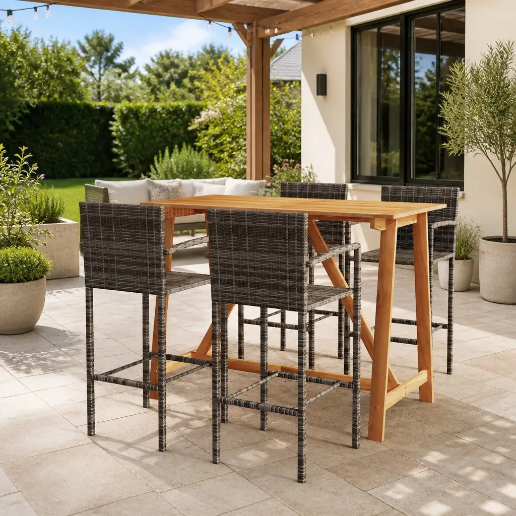 5 Piece Garden Bar Set Outdoor Patio Furniture Rattan Stool Table Grey