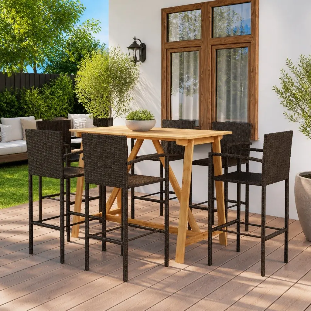 7 Piece Garden Bar Set Brown Acacia Wood Steel PE Rattan Patio Outdoor Furniture
