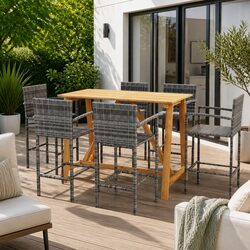 7 Piece Garden Bar Set Grey Outdoor Patio Furniture Table Stools Rattan