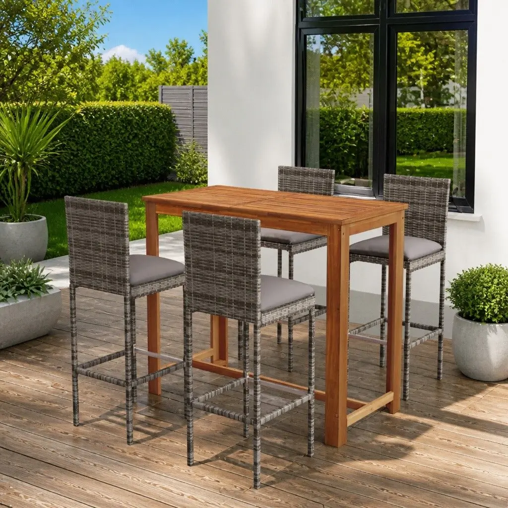 5 Piece Garden Bar Set with Cushions Grey Outdoor Patio Furniture