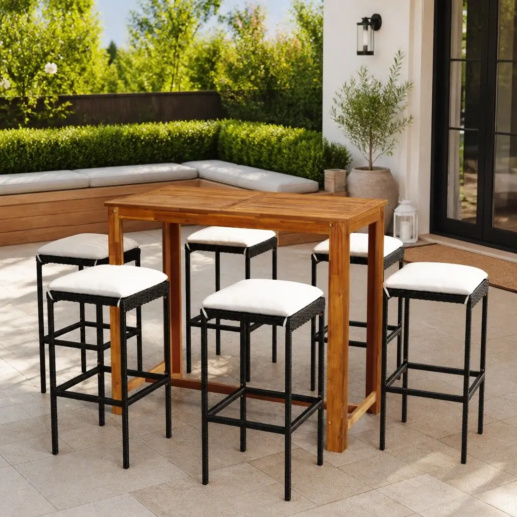 Garden Bar Set 7 Piece Outdoor Furniture Solid Acacia Wood Table Black Powder Coated Steel Frame with Cushions