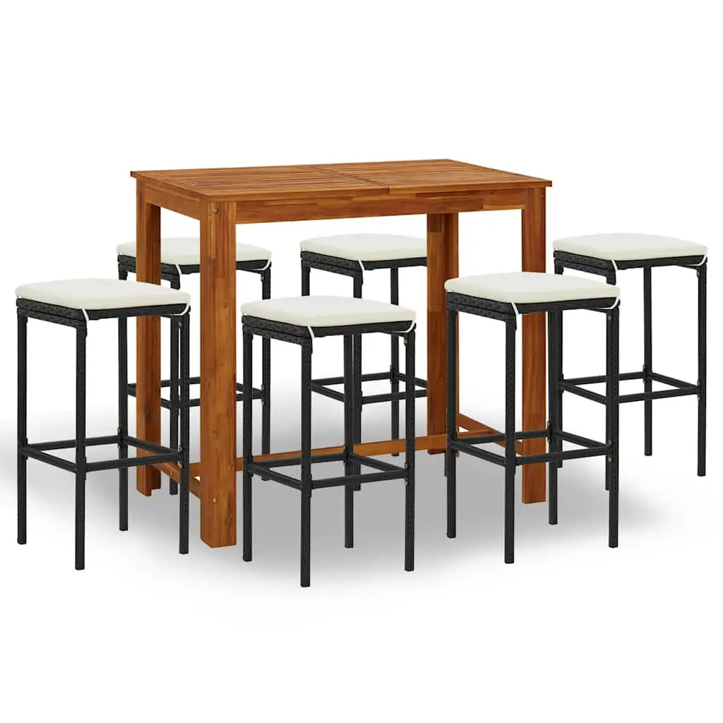 Garden Bar Set 7 Piece Outdoor Furniture Solid Acacia Wood Table Black Powder Coated Steel Frame with Cushions