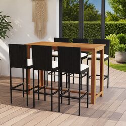 7 Piece Garden Bar Set with Cushions Black Outdoor Patio Furniture Table Stools