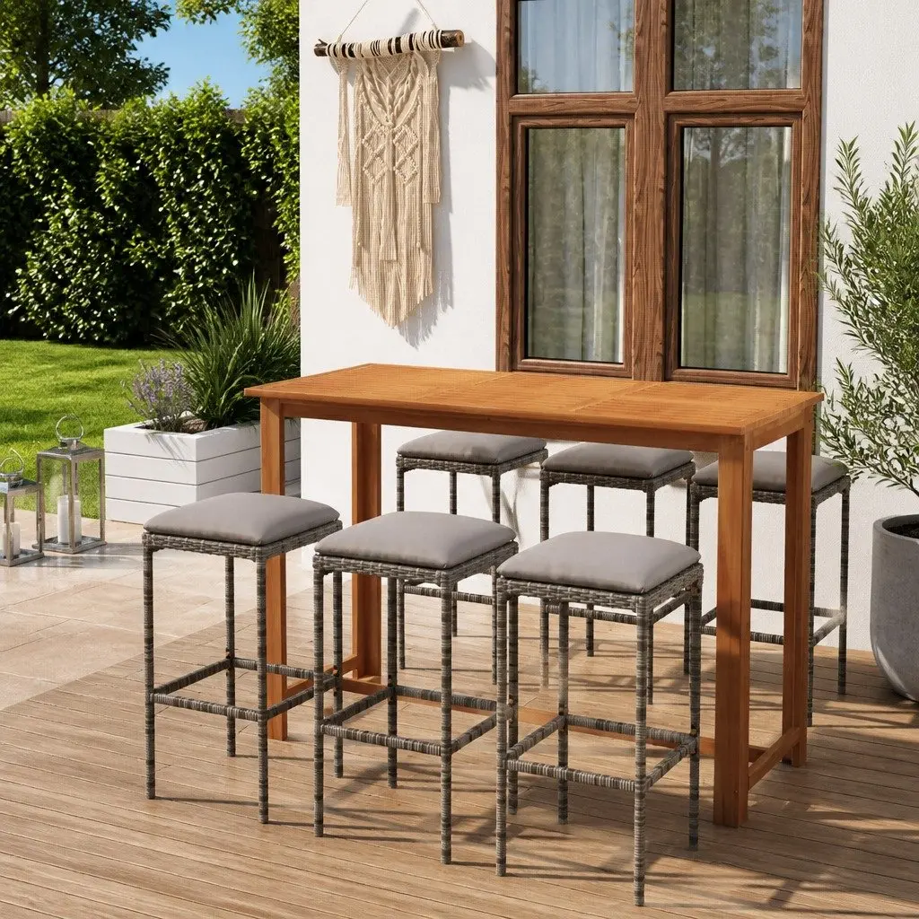Garden Bar Set 7 Piece Outdoor Patio Furniture with Cushions Grey