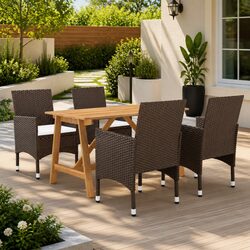 5 Piece Garden Dining Set Brown Acacia Wood Steel Frame PE Rattan Chairs