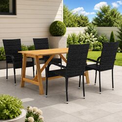 5 Piece Garden Dining Set Outdoor Table Chairs Black Acacia Wood Steel Frame