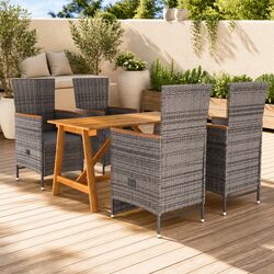5 Piece Garden Dining Set Grey Acacia Wood Steel Frame Rattan Chairs Table