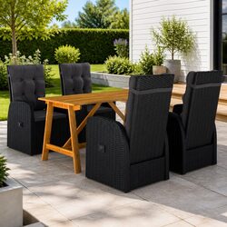 5 Piece Garden Dining Set Black Acacia Wood Steel Frame Rattan Chairs