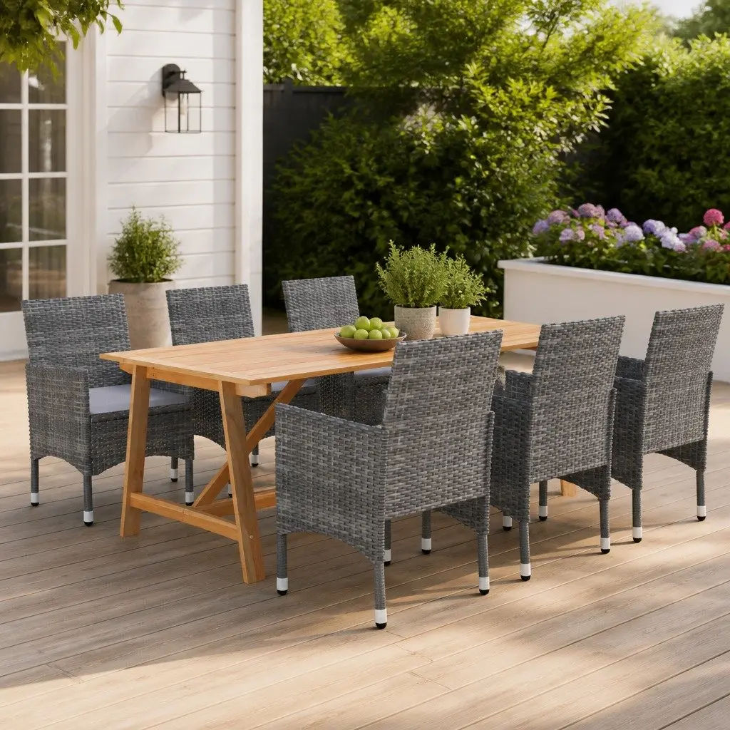 7 Piece Garden Dining Set Acacia Wood Table Chairs Grey Outdoor Furniture