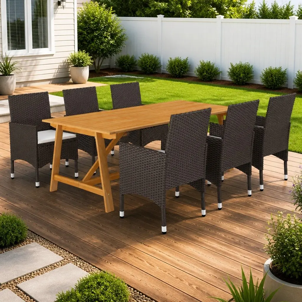 7 Piece Garden Dining Set Acacia Wood Table Steel Frame PE Rattan Chairs Brown