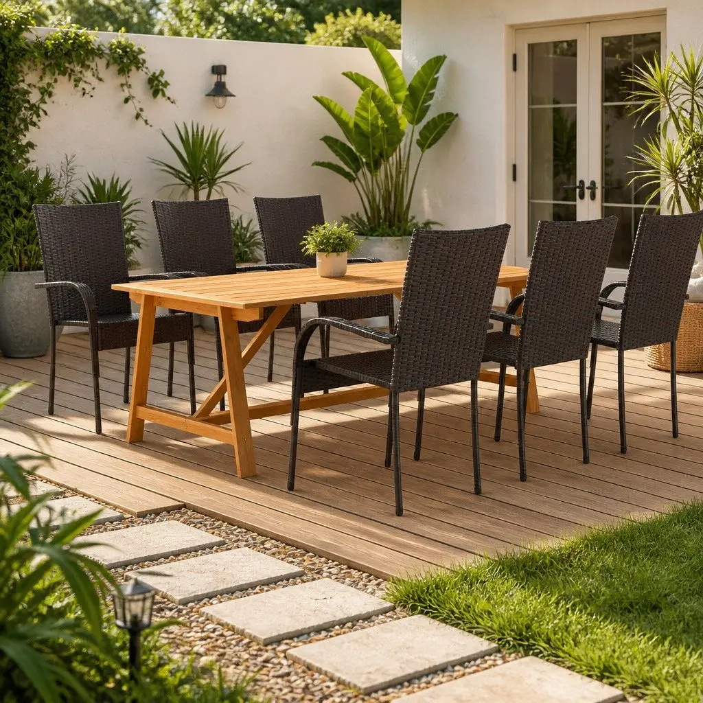 7 Piece Garden Dining Set Outdoor Furniture Solid Acacia Wood Table Powder-Coated Steel Frame Chairs Brown