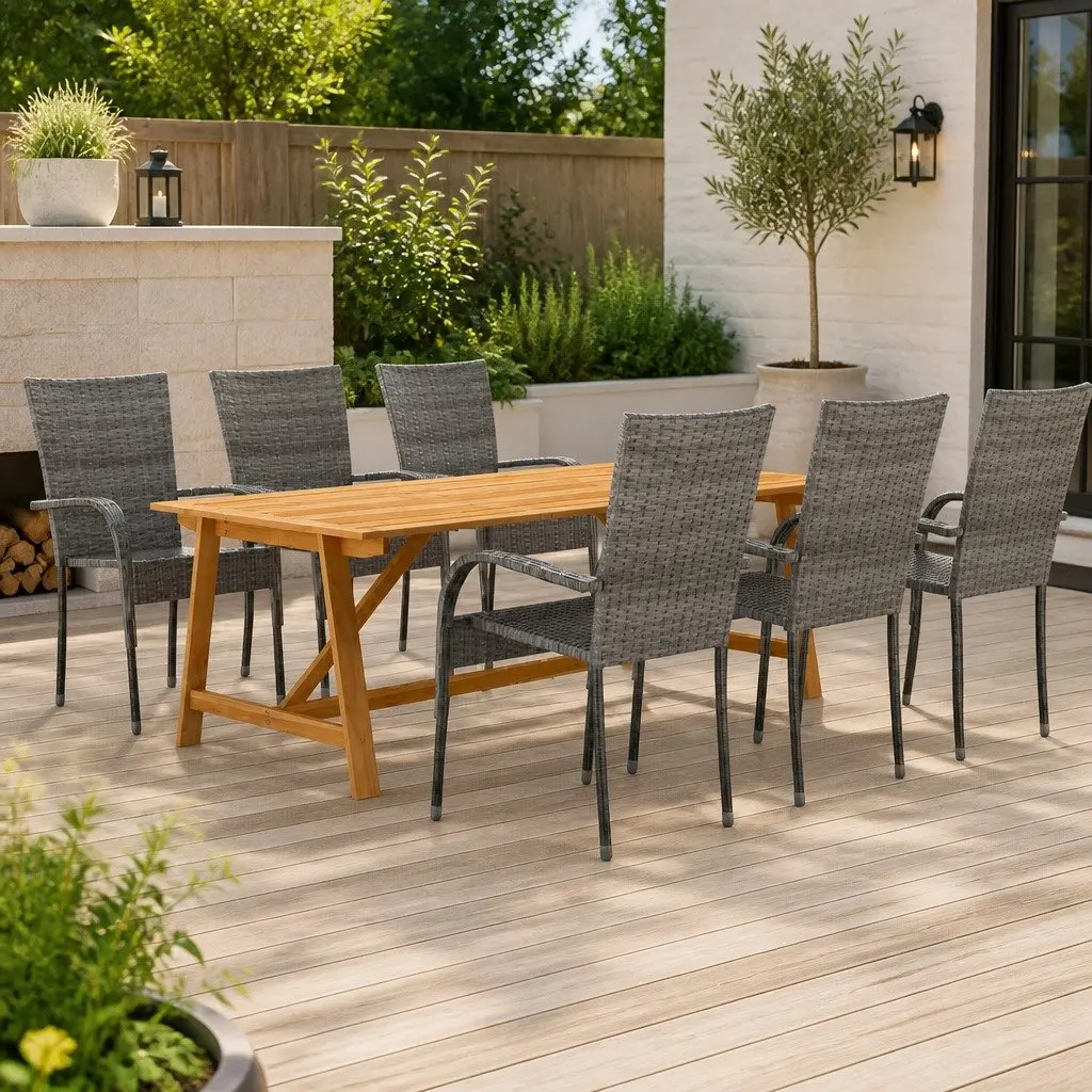 7 Piece Garden Dining Set Outdoor Furniture Acacia Wood Table Steel Frame Chairs Grey