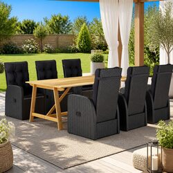 7 Piece Garden Dining Set Acacia Wood Table Rattan Chairs Black Outdoor