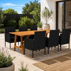 7 Piece Garden Dining Set Black Acacia Wood Steel Frame Rattan Chairs Cushions