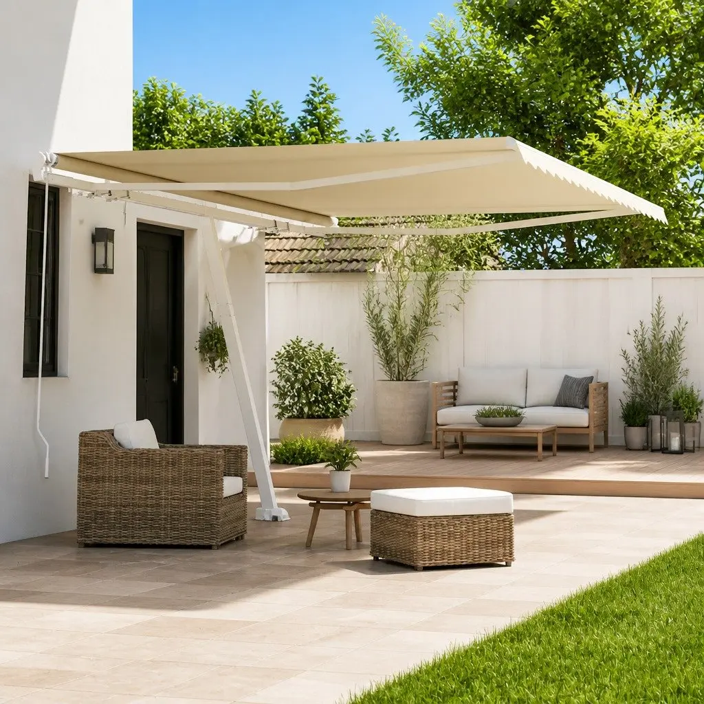 Freestanding Manual Retractable Awning 400x300 cm UV and Water-Resistant Cream High-Density Polyester with Rust-Resistant Aluminium Frame