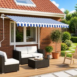 Manual Retractable Awning with Posts 3x2.5m Patio Sun Shade Blue White Outdoor