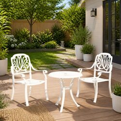 3 Piece Bistro Set Cast Aluminium White Outdoor Garden Furniture Chairs Table