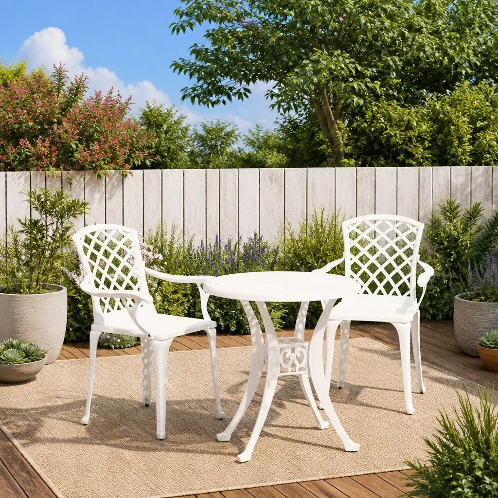 3 Piece Bistro Set Cast Aluminium White Outdoor Garden Furniture