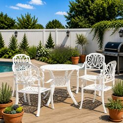 5 Piece Outdoor Bistro Set Cast Aluminium White Table Chairs Garden Furniture