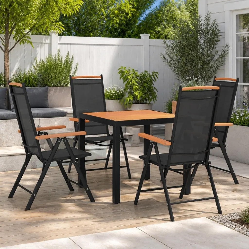 5 Piece Outdoor Garden Dining Set Folding Chairs Adjustable Black Aluminium Frame WPC Table
