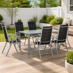 7 Piece Garden Dining Set Aluminium Frame Glass Top Textilene Chairs Outdoor