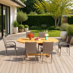 Garden Dining Set 7 Piece Outdoor Table Chairs Poly Rattan Brown Acacia Wood